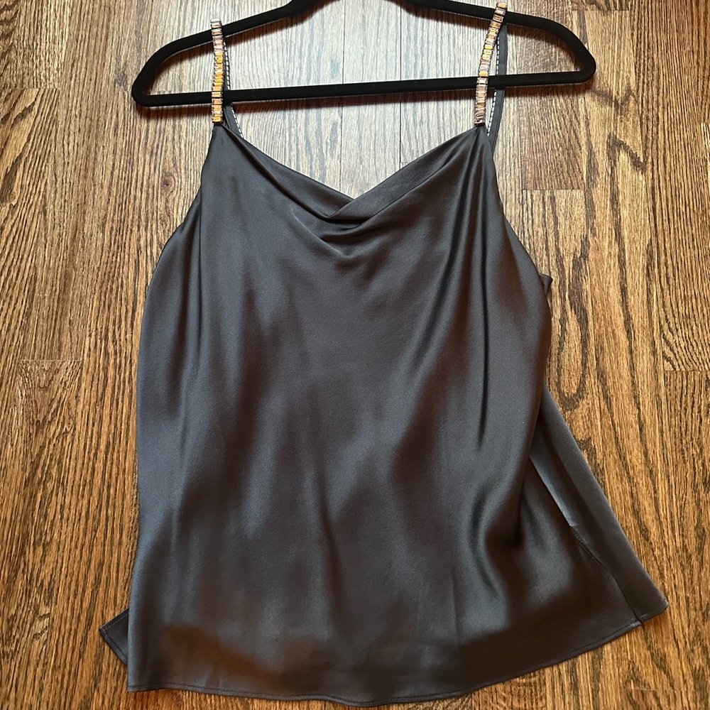 Cami NYC Elegant Black Satin Women's Top with Baguette Rhinestones